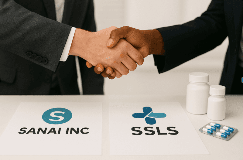 Two people shaking hands over a table with the Sanai and Successful Strategies LS logos